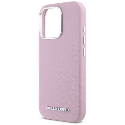 Funda MagSafe para Apple iPhone 16 Pro Max, Karl Lagerfeld, Saffiano Full Wrapped Elongated Metal Logo, Rosa.