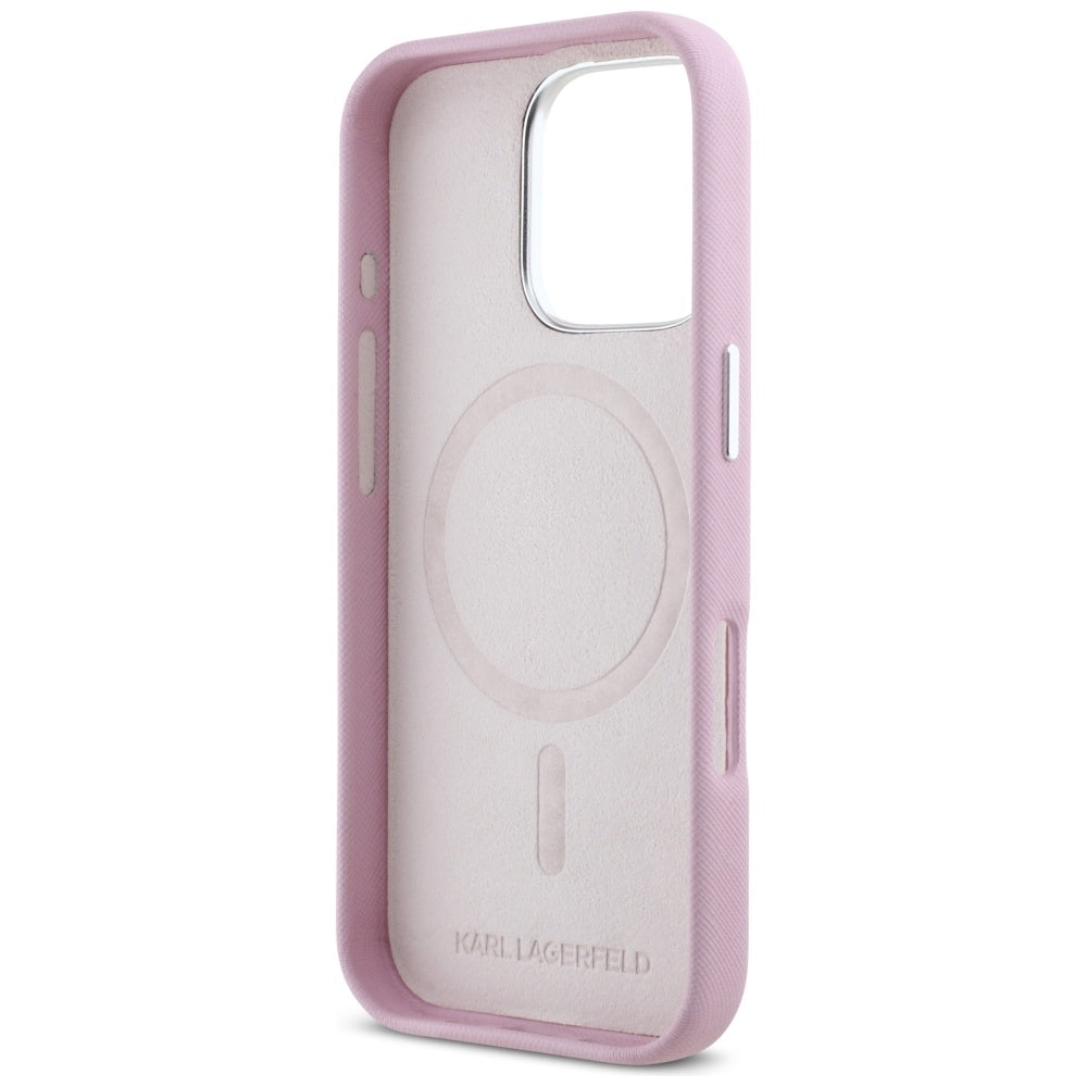 Funda MagSafe para Apple iPhone 16 Pro Max, Karl Lagerfeld, Saffiano Full Wrapped Elongated Metal Logo, Rosa.