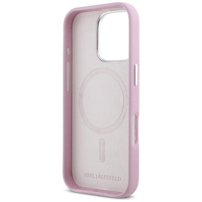 Funda MagSafe para Apple iPhone 16 Pro Max, Karl Lagerfeld, Saffiano Full Wrapped Elongated Metal Logo, Rosa.
