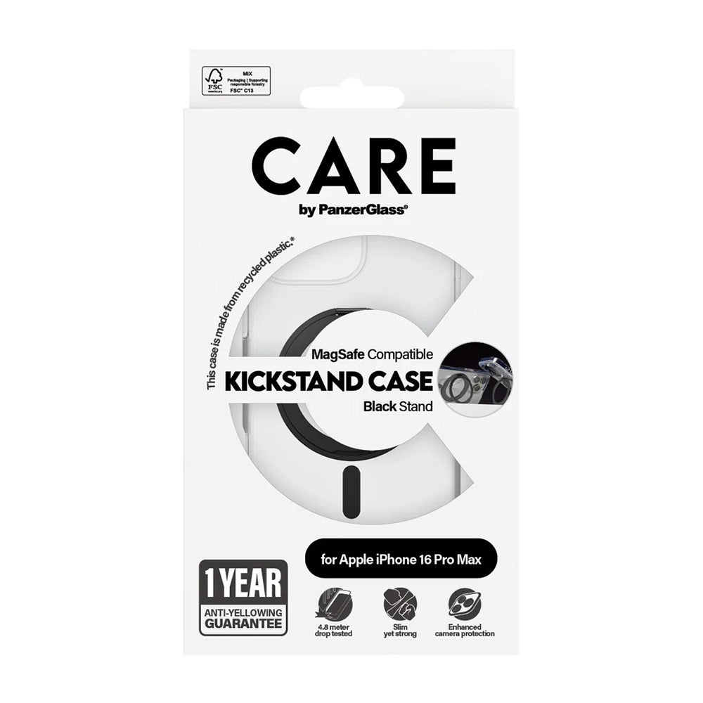 Funda MagSafe para Apple iPhone 16 Pro Max, PanzerGlass, Care Feature Kickstand, Transparente Negra
