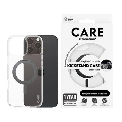 Funda MagSafe para Apple iPhone 16 Pro Max, PanzerGlass, Care Feature Kickstand, Transparente Negra