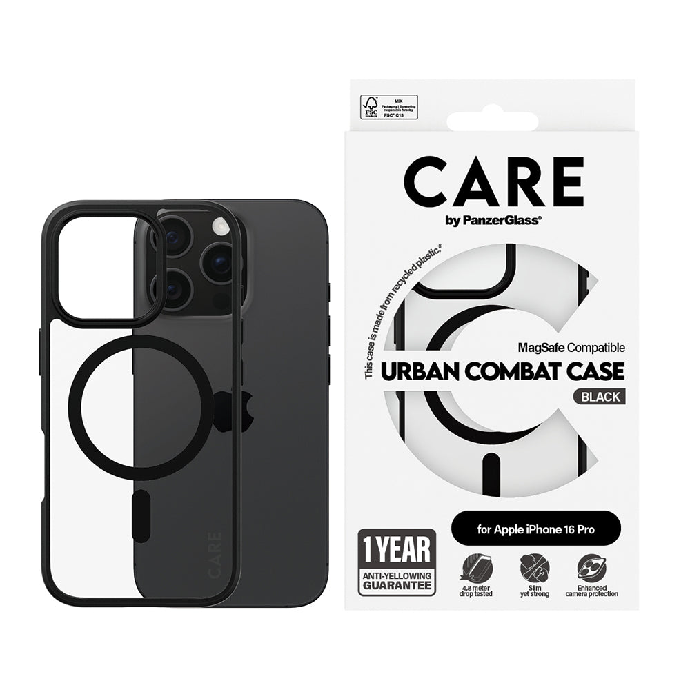 Funda MagSafe para Apple iPhone 16 Pro Max, PanzerGlass, Care Urban Combat, Negra Transparente