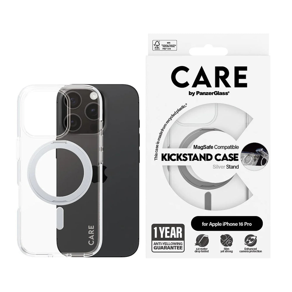 Funda MagSafe para Apple iPhone 16 Pro, PanzerGlass, con soporte Kickstand, Transparente Plateada