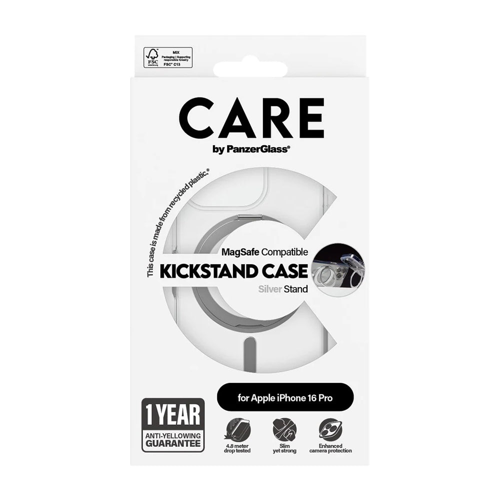 Funda MagSafe para Apple iPhone 16 Pro, PanzerGlass, con soporte Kickstand, Transparente Plateada