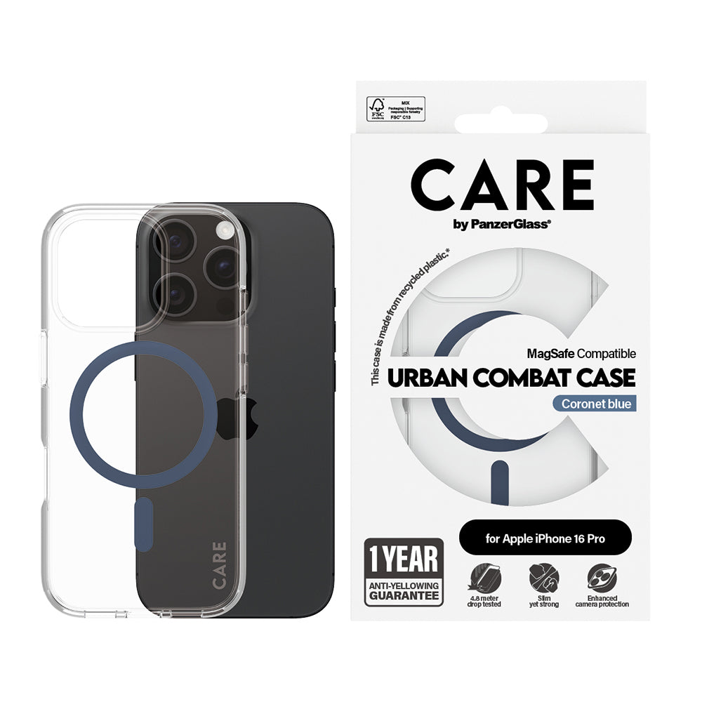 Funda MagSafe para Apple iPhone 16 Pro, PanzerGlass, Care Urban Combat, Transparente Azul
