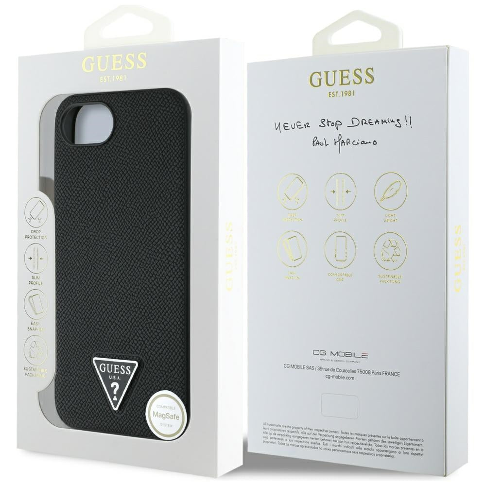 Funda MagSafe para Apple iPhone 16e, Guess, Logo Triángulo Granulado, Negra