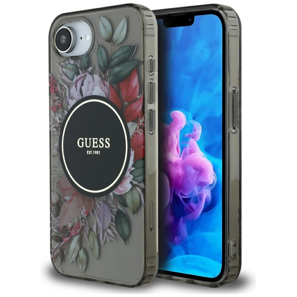 Funda MagSafe para Apple iPhone 16e, Guess, IML Flowers, Negra