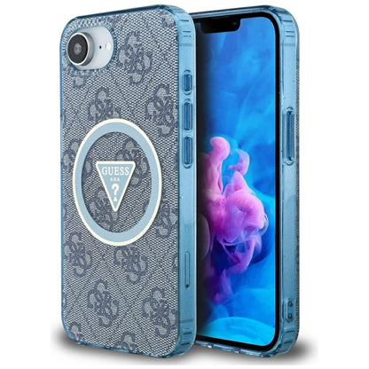 Funda MagSafe para Apple iPhone 16e, Guess, IML Glitter 4G Circle Triangle, Azul