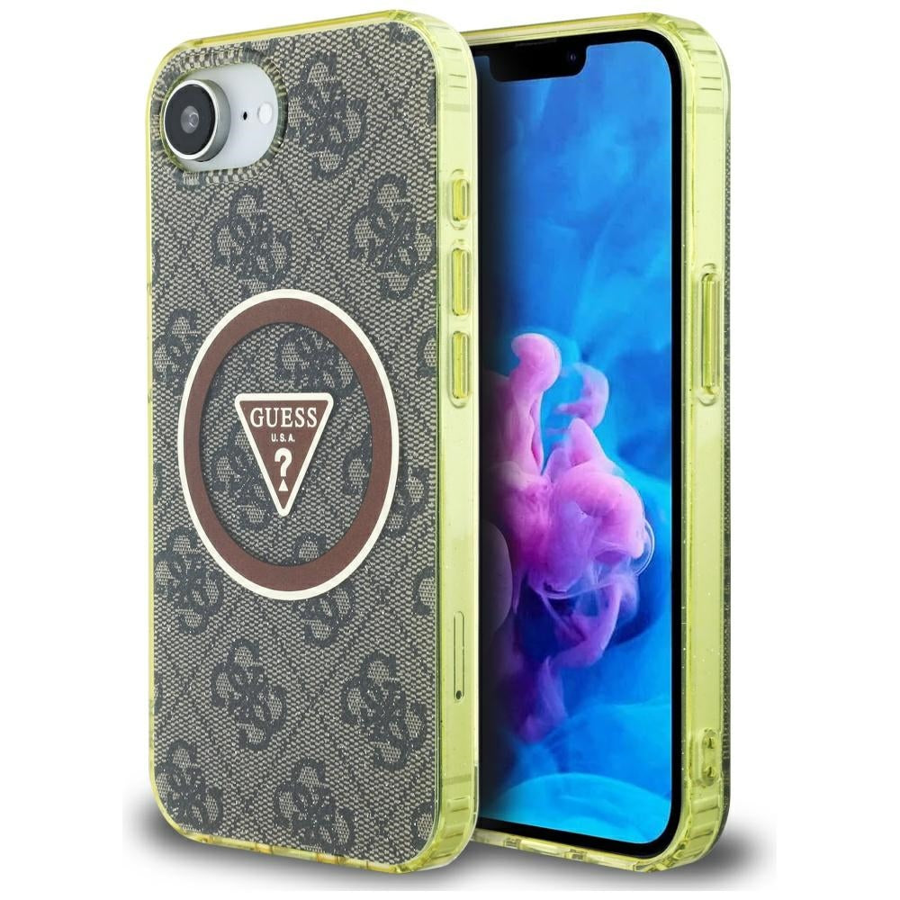 Funda MagSafe para Apple iPhone 16e, Guess, IML Glitter 4G Circle Triangle, Marrón