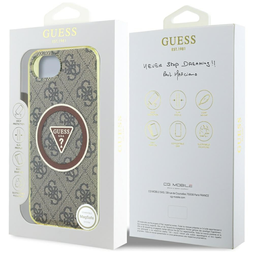 Funda MagSafe para Apple iPhone 16e, Guess, IML Glitter 4G Circle Triangle, Marrón