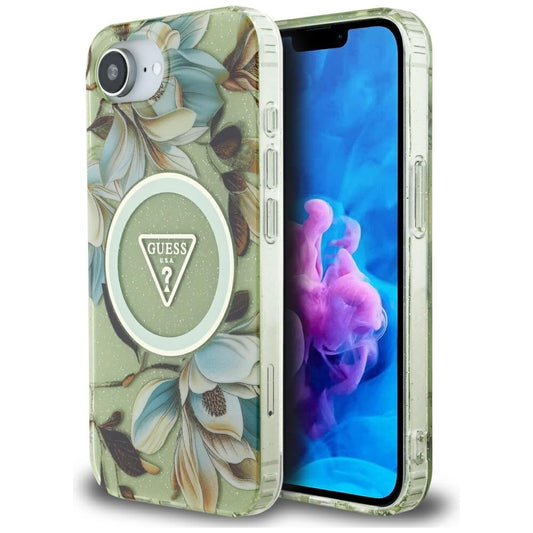 Funda MagSafe para Apple iPhone 16e, Guess, IML Metal Glitter Flowers Triangle, Verde