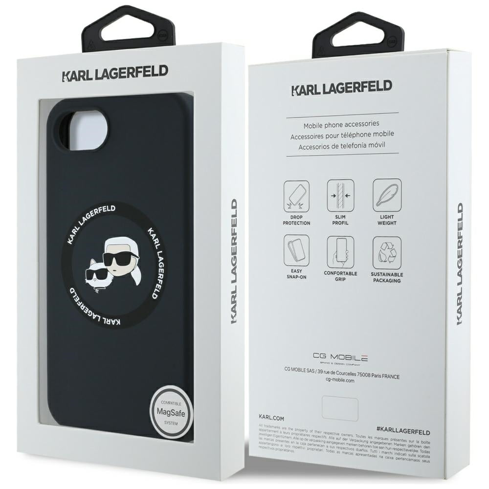 Funda MagSafe para Apple iPhone 16e, Karl Lagerfeld, Silicona Karl & Choupette's Heads, Negra
