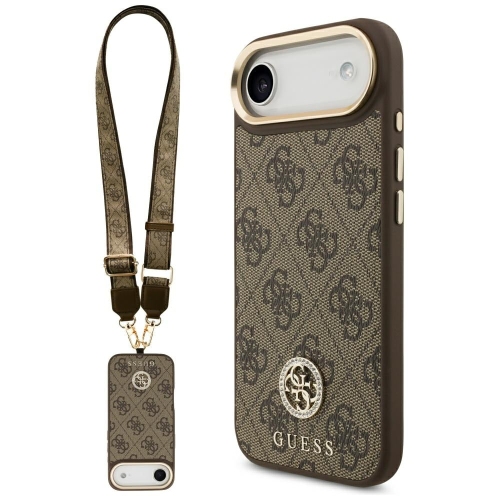 Funda MagSafe para Apple iPhone 17 Air, Guess, 4G Strass Logo con Correa Grande, Marrón