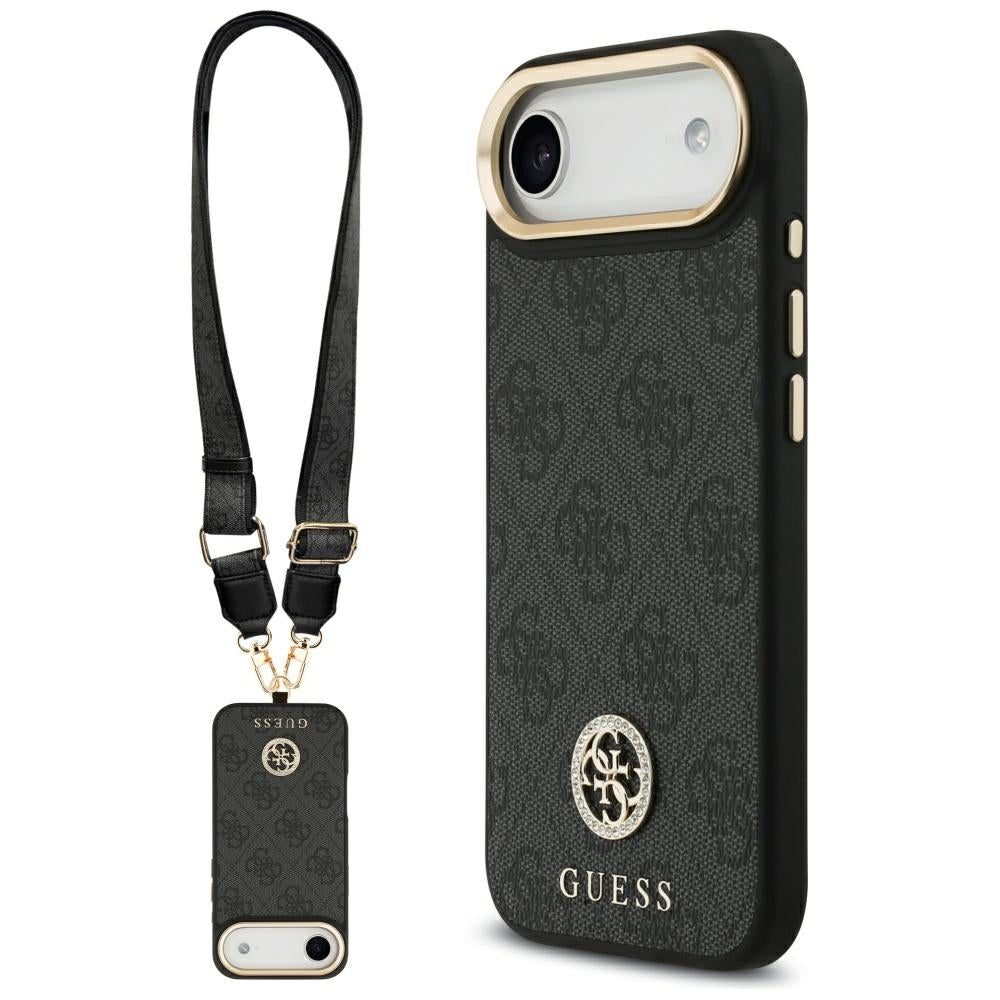 Funda MagSafe para Apple iPhone 17 Air, Guess, 4G Strass Logo con Correa Grande, Negra