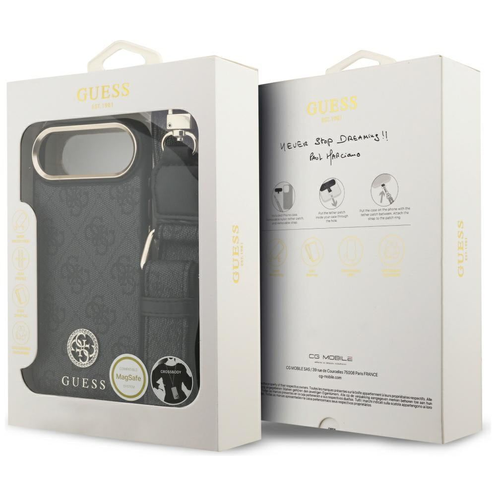Funda MagSafe para Apple iPhone 17 Air, Guess, 4G Strass Logo con Correa Grande, Negra
