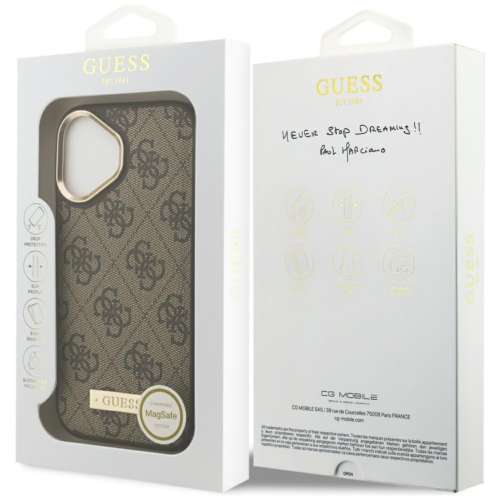 Funda MagSafe para Apple iPhone 17, Guess, 4G Logo Plate, Marrón