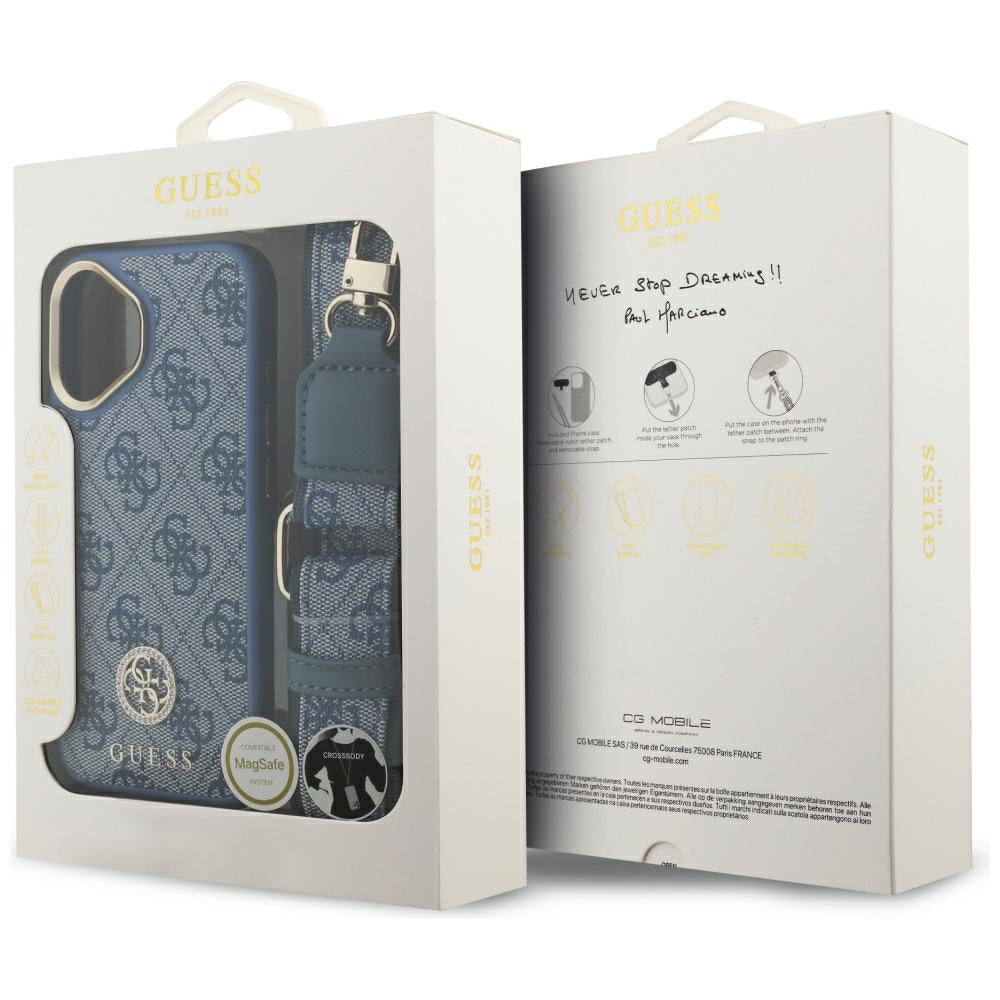 Funda MagSafe para Apple iPhone 17, Guess, 4G Strass Logo with Big Strap, Azul