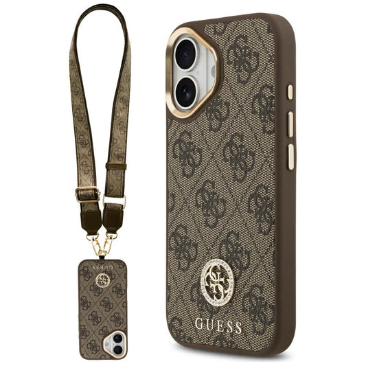 Funda MagSafe para Apple iPhone 17, Guess, 4G Strass Logo con Correa Grande, Marrón