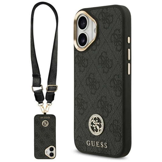 Funda MagSafe para Apple iPhone 17, Guess, 4G Strass Logo con Correa Grande, Negra