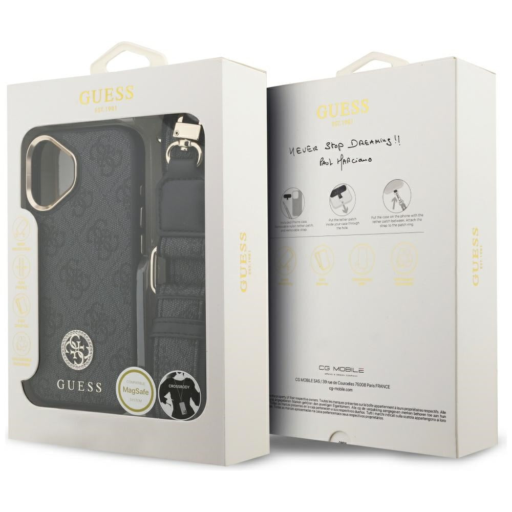 Funda MagSafe para Apple iPhone 17, Guess, 4G Strass Logo con Correa Grande, Negra