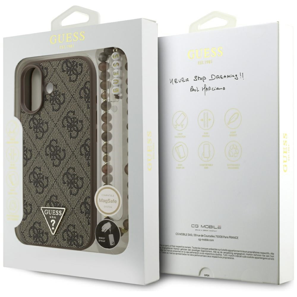 Funda MagSafe para Apple iPhone 17, Guess, 4G Triangle Logo Cord Strap, Marrón