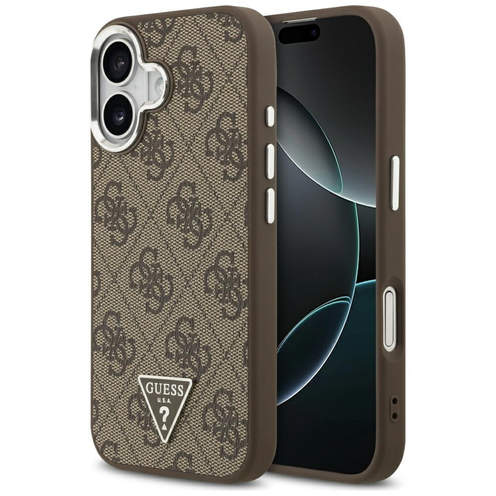 Funda MagSafe para Apple iPhone 17, Guess, Logo Triángulo 4G, Marrón Plateado.