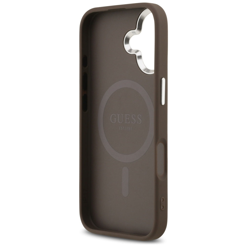 Funda MagSafe para Apple iPhone 17, Guess, Logo Triángulo 4G, Marrón Plateado.