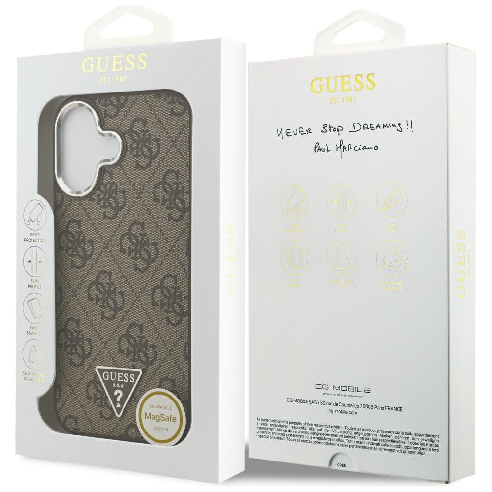 Funda MagSafe para Apple iPhone 17, Guess, Logo Triángulo 4G, Marrón Plateado.