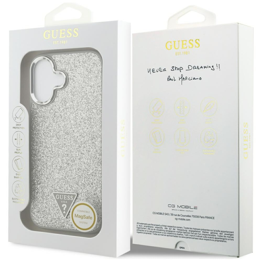 Funda MagSafe para Apple iPhone 17, Guess, Glitter Triangle Logo, Plateada