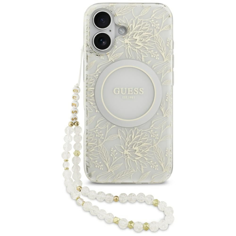 Funda MagSafe para Apple iPhone 17, Guess, IML Flowers with Pearl Strap, Blanca