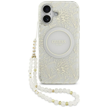 Funda MagSafe para Apple iPhone 17, Guess, IML Flowers with Pearl Strap, Blanca