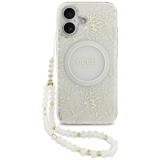 Funda MagSafe para Apple iPhone 17, Guess, IML Flowers with Pearl Strap, Blanca
