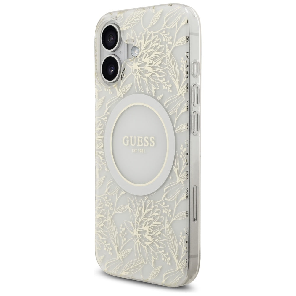Funda MagSafe para Apple iPhone 17, Guess, IML Flowers with Pearl Strap, Blanca