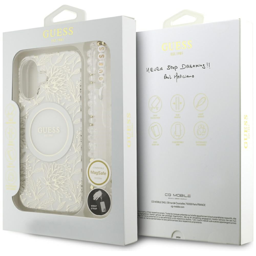 Funda MagSafe para Apple iPhone 17, Guess, IML Flowers with Pearl Strap, Blanca