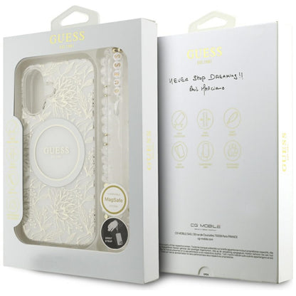 Funda MagSafe para Apple iPhone 17, Guess, IML Flowers with Pearl Strap, Blanca