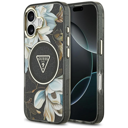 Funda MagSafe para Apple iPhone 17, Guess, IML Metal Glitter Flowers Triangle, Negra