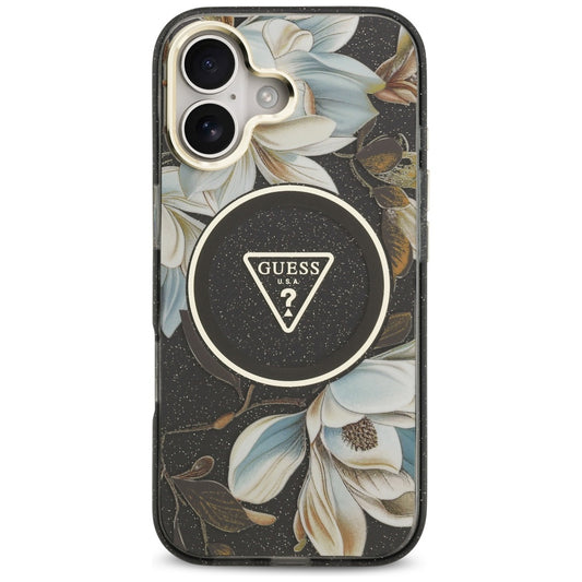 Funda MagSafe para Apple iPhone 17, Guess, IML Metal Glitter Flowers Triangle, Negra