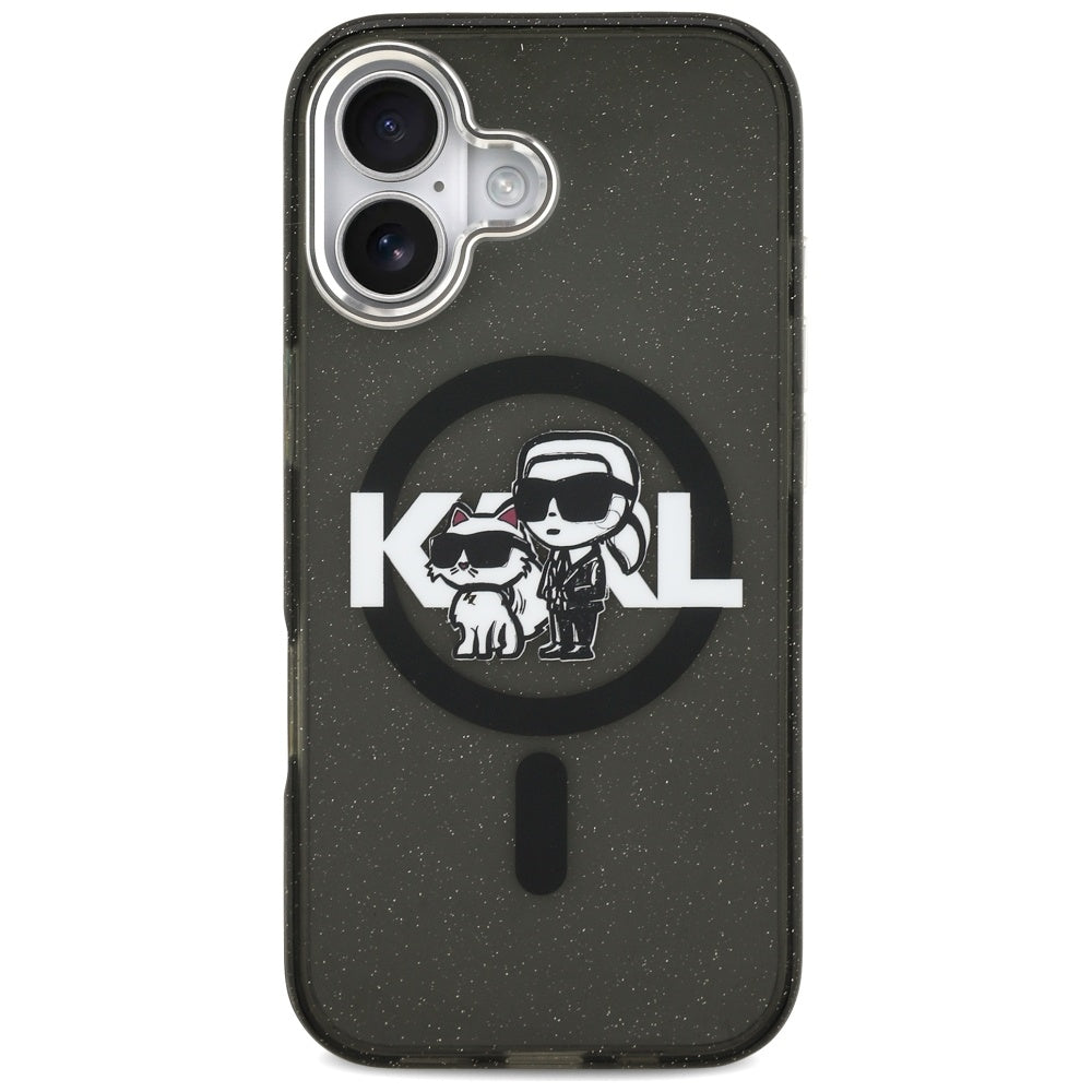 Funda MagSafe para Apple iPhone 17, Karl Lagerfeld, IML Sketch Logo Glitter Karl & Choupette, Negra.