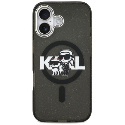 Funda MagSafe para Apple iPhone 17, Karl Lagerfeld, IML Sketch Logo Glitter Karl & Choupette, Negra.
