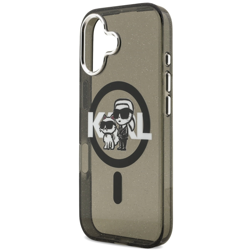 Funda MagSafe para Apple iPhone 17, Karl Lagerfeld, IML Sketch Logo Glitter Karl & Choupette, Negra.