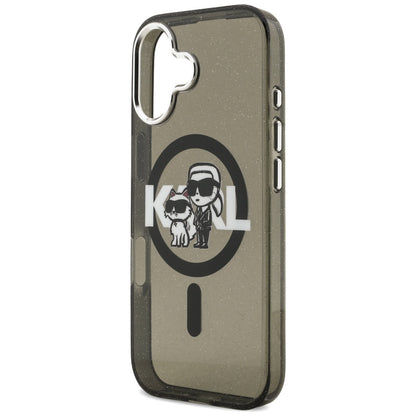 Funda MagSafe para Apple iPhone 17, Karl Lagerfeld, IML Sketch Logo Glitter Karl & Choupette, Negra.