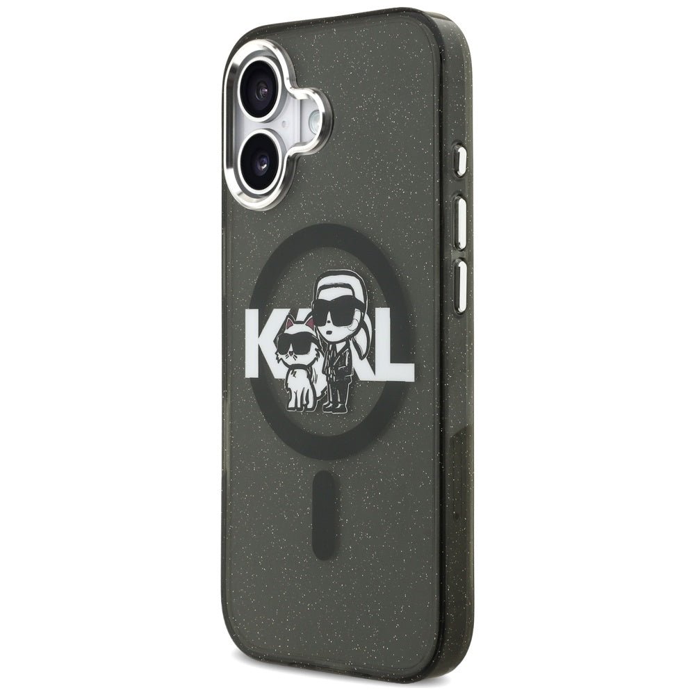 Funda MagSafe para Apple iPhone 17, Karl Lagerfeld, IML Sketch Logo Glitter Karl & Choupette, Negra.