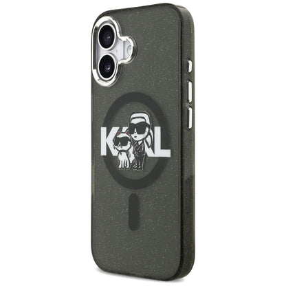 Funda MagSafe para Apple iPhone 17, Karl Lagerfeld, IML Sketch Logo Glitter Karl & Choupette, Negra.