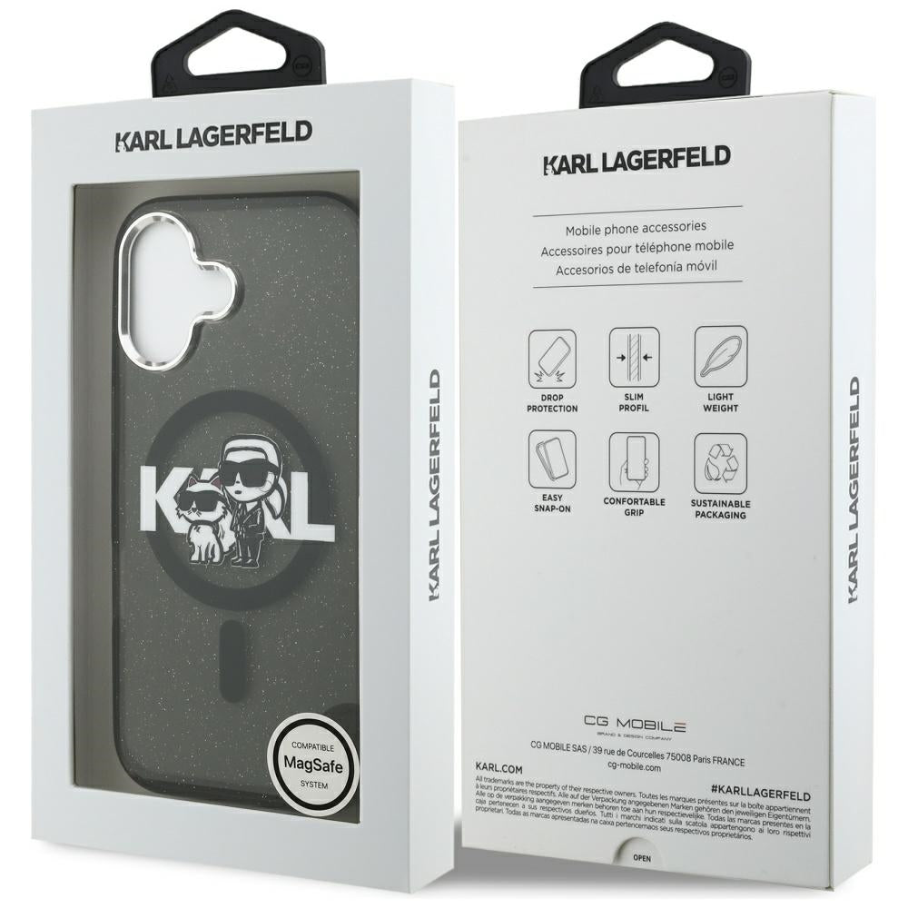 Funda MagSafe para Apple iPhone 17, Karl Lagerfeld, IML Sketch Logo Glitter Karl & Choupette, Negra.