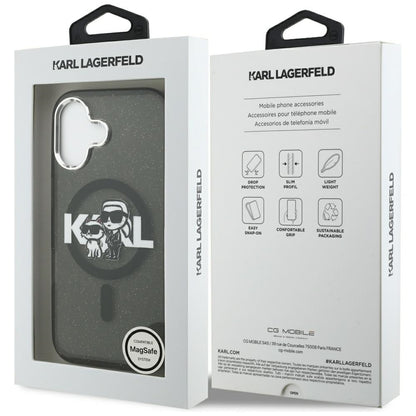 Funda MagSafe para Apple iPhone 17, Karl Lagerfeld, IML Sketch Logo Glitter Karl & Choupette, Negra.