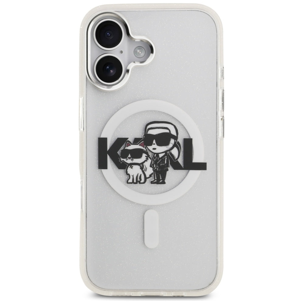 Funda MagSafe para Apple iPhone 17, Karl Lagerfeld, IML Sketch Logo Glitter Karl & Choupette, Transparente