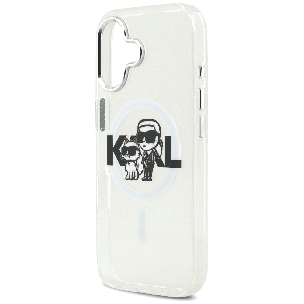Funda MagSafe para Apple iPhone 17, Karl Lagerfeld, IML Sketch Logo Glitter Karl & Choupette, Transparente