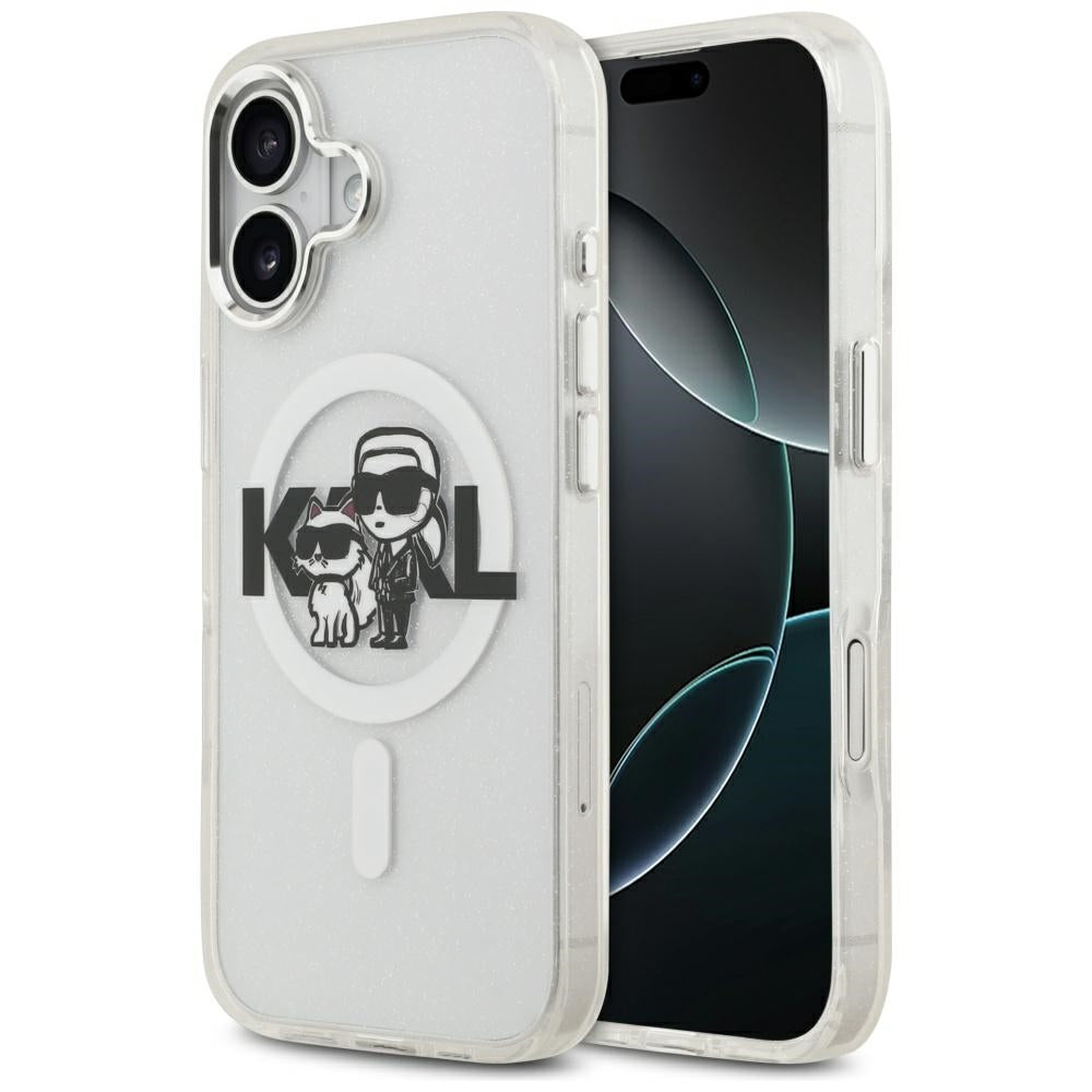 Funda MagSafe para Apple iPhone 17, Karl Lagerfeld, IML Sketch Logo Glitter Karl & Choupette, Transparente