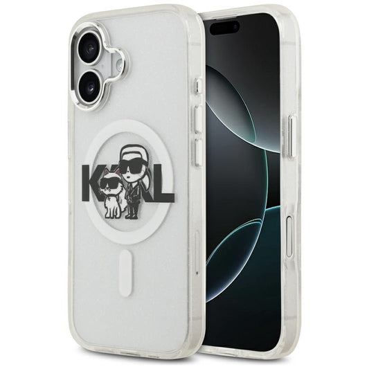 Funda MagSafe para Apple iPhone 17, Karl Lagerfeld, IML Sketch Logo Glitter Karl & Choupette, Transparente