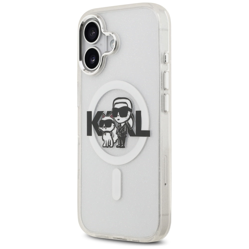 Funda MagSafe para Apple iPhone 17, Karl Lagerfeld, IML Sketch Logo Glitter Karl & Choupette, Transparente